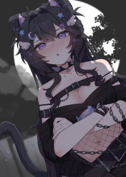 1girl arm_belt belt belt_pouch black_belt black_choker black_hair breasts cat_tail chain chest_belt choker cleavage collarbone commission crescent crescent_hair_ornament crossed_arms existential_bread fishnets hair_ornament heart heart_choker highres horns indie_virtual_youtuber long_hair pouch purple_eyes purple_horns solo star_(symbol) star_hair_ornament tail valefal_coneri virtual_youtuber wing_hair_ornament