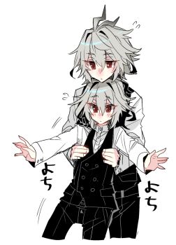 antenna_hair black_pants black_vest commentary_request dress_shirt dual_persona fate/apocrypha fate_(series) grey_hair hair_between_eyes haoro hug male_focus messy_hair pants red_eyes shirt short_hair sieg_(fate) simple_background vest white_background white_shirt