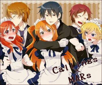 3boys 3girls akasata amamiya_rizumu apron black_hair blonde_hair blush brown_eyes brown_hair butler couple closed_eyes formal_clothes gloves kissing_hair happy harune_aira hetero hug hug_from_behind long_hair maid maid_apron maid_headdress multiple_boys multiple_girls necktie pretty_series pretty_rhythm pretty_rhythm_aurora_dream red_eyes red_hair short_hair shou_(pretty_rhythm) smile takamine_mion toudou_hibiki wataru_(pretty_rhythm)