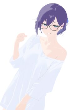 Rule 34 | 1girl, a-chan (hololive), absurdres, black-framed eyewear, blue bow, blue eyes, blue hair, bow, cohi27151463, commentary, glasses, grin, hair between eyes, hair bow, hand up, highres, hololive, looking at viewer, oversized clothes, oversized shirt, shirt, short hair, simple background, smile, solo, three-quarter sleeves, upper body, virtual youtuber, white background, white shirt