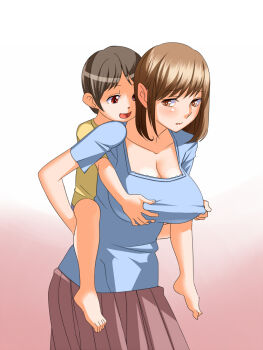1boy 1girl age_difference blush breasts brown_eyes brown_hair carrying cleavage collarbone grabbing_another's_breast grabbing_from_behind groping hetero incest kadan_(ad1999) looking_back molestation mother_and_son nipple_stimulation nipple_tweak onee-shota open_mouth original piggyback short_hair shota simple_background skirt swept_bangs
