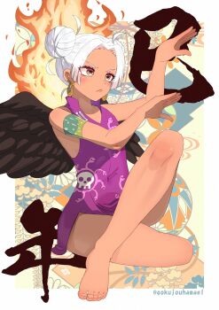 1girl :&lt; ahoge alternate_eye_color alternate_hairstyle angel_wings animal_print bare_arms bare_legs bare_shoulders barefoot black_wings blush boa_hancock boa_hancock_(cosplay) border brown_eyes child closed_mouth collared_dress cosplay covered_navel dark-skinned_female dark_skin dress earrings feathered_wings feet fighting_stance fire flat_chest from_side full_body hamaeru highres jewelry legs one_piece outside_border pose_request purple_dress s-snake seraphim_(one_piece) sitting skull_print sleeveless sleeveless_dress snake_earrings solo spread_wings toenails toes tsurime twitter_username v-shaped_eyebrows white_background white_border wings