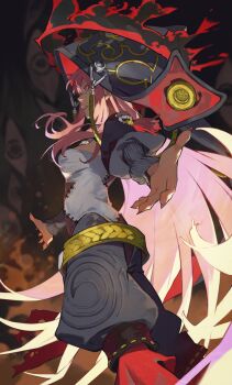 1girl absurdres belt black_jacket black_shorts blurry blurry_background braided_belt commentary cropped_jacket detached_hood disembodied_eye feet_out_of_frame fingernails from_side hair_between_eyes highres hololive hololive_english hood hood_up jacket kyuuba_melo long_fingernails long_hair long_sleeves looking_ahead mori_calliope mori_calliope_(jigoku_6) open_mouth outstretched_arms patchwork_clothes pink_hair profile puffy_long_sleeves puffy_shorts puffy_sleeves red_eyes shirt shorts solo standing stitches symbol-only_commentary tassel teeth upper_teeth_only virtual_youtuber white_shirt