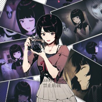 4boys 5girls amakura_mayu amakura_mio black_camisole black_eyes black_shirt blunt_bangs bob_cut broken_neck_woman_(fatal_frame_ii) brown_camisole brown_hair brown_shirt camera camisole camisole_over_clothes chinese_commentary closed_eyes collarbone commentary_request dirty dirty_face emphasis_lines fatal_frame fatal_frame_ii:_crimson_butterfly frilled_sleeves frills ghost hands_up holding holding_camera indoors japanese_clothes kimono layered_skirt looking_ahead looking_at_viewer multiple_boys multiple_girls one_eye_closed open_mouth parted_lips photo_(object) profile red_ribbon ribbon shirt short_hair short_sleeves siblings sisters skirt smile sparkle standing three-quarter_sleeves twins twitter_username v-shaped_eyebrows veiled_priest_(fatal_frame) watermark white_background white_skirt xunyu_(manyu)