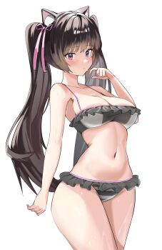 1girl absurdres alternate_costume animal_ear_fluff animal_ears arm_at_side bare_arms bare_shoulders bikini black_bikini black_hair blue_eyes blush breasts cat_ears closed_mouth collarbone commentary_request cowboy_shot frilled_bikini frills goddess_of_victory:_nikke hair_ribbon hand_up heterochromia highres kopepan_(kopepann11) long_hair looking_at_viewer medium_breasts multicolored_bikini navel nero_(nikke) pink_eyes pink_ribbon ribbon simple_background solo standing stomach striped_bikini striped_clothes swimsuit twintails two-tone_bikini very_long_hair wet white_background white_bikini