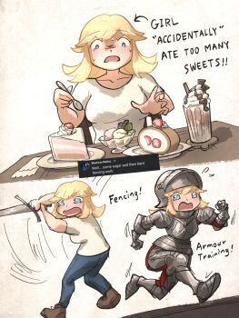 1girl armor blonde_hair blue_eyes blue_pants breasts brown_shoes cake commentary d: dutch_angle english_commentary english_text exercising food highres holding holding_spoon holding_sword holding_weapon ice_cream ironlily long_hair multiple_views open_mouth original pants perlweiss_(ironlily) plate_armor running shoes spoon sweat sword tearing_up weapon weight_conscious