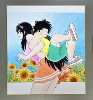 Rule 34 | 1boy, 1girl, aoba shunsuke, aqua shorts, asaoka natsumi, assisted stretching, back-to-back, black eyes, black hair, blue sky, brown eyes, closed mouth, commentary request, field, flower, flower field, grey shoes, hairband, height difference, highres, letterboxed, locked arms, long hair, looking at another, looking back, miniskirt, miura mitsuru, official artist extra, open mouth, orange skirt, outdoors, outside border, pink hairband, pink shirt, shirt, shoes, short hair, shorts, skirt, sky, sleeveless, sleeveless shirt, smile, sneakers, sunflower, sunflower field, tall female, the kabocha wine, thighs, traditional media, yellow flower, yellow shirt