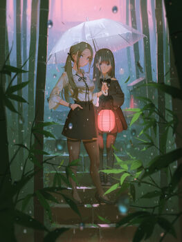2girls bamboo bamboo_forest black_bow black_bowtie black_dress black_hair black_shoes black_skirt black_thighhighs blonde_hair bow bowtie bra_visible_through_clothes breasts dress eyebrows_hidden_by_hair forest full_body hand_in_pocket high_heels highres holding holding_umbrella lantern long_hair looking_at_viewer medium_breasts multiple_girls nature original paper_lantern rain shirt shoes side_ponytail skirt stairs stiletto_heels thighhighs tiptoes umbrella vofan wet wet_clothes wet_shirt white_shirt