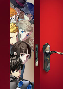 10s 4boys 4girls amamiya_ren around_corner bad_id bad_pixiv_id black_hair blonde_hair blue_eyes blue_hair braid brown_eyes brown_hair club3 crown_braid door door_handle doorway fox_(persona_5) glasses graphite_(medium) hat highres joker_(persona_5) kitagawa_yuusuke long_hair looking_at_viewer morgana_(persona_5) multiple_boys multiple_girls niijima_makoto noir_(persona_5) okumura_haru oracle_(persona_5) orange_hair panther_(persona_5) peeking persona persona_5 queen_(persona_5) red_eyes sakamoto_ryuuji sakura_futaba short_hair skull_(persona_5) smile takamaki_anne traditional_media twintails yellow_eyes