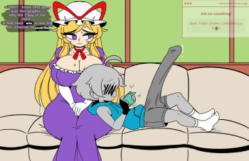 1boy 1girl aroused blonde_hair blue_hoodie breasts bulge cleavage_cutout clothing_cutout couch cum dress english_text erection erection_under_clothes hoodie huge_breasts huge_penis leepicmochi penis purple_dress shorts shota speech_bubble sweat thought_bubble touhou unepicroachy y/n_(leepicmochi) y/n_(unepicroachy) yakumo_yukari