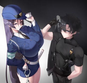 absurdres blue_eyes cuffs fate/grand_order fate_(series) fujimaru_ritsuka_(male) hat highres mature_female minamoto_no_raikou_(fate) muscular police police_hat police_uniform policewoman purple_eyes purple_hair skin_tight slob_slime tall_female