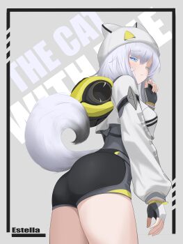 Rule 34 | 1girl, absurdres, arknights, arknights: endfield, ass, bandaid, bandaid on cheek, bandaid on face, bike shorts, black gloves, blue eyes, character name, closed mouth, commentary, cowboy shot, estella (arknights), fingerless gloves, gloves, grey background, grey hair, grey tail, hand up, hat, highres, llewellyn blue, long sleeves, one eye closed, short hair, solo, standing, tail, tail raised, turning head, white gloves, white hat