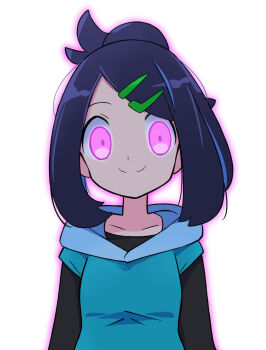 1girl :> alternate_eye_color artist_request aura black_hair blue_hair blush breasts corruption cowlick eyelashes hair_bun hair_ornament hairclip happy highres hood hoodie liko_(pokemon) long_hair looking_at_viewer mikan_bako mind_control mochi_mochi_dance multicolored_hair nintendo pokemon pokemon_(anime) pokemon_horizons purple_eyes simple_background small_breasts smile white_background