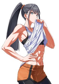 Rule 34 | 1girl, abs, absurdres, amaya tsubame, black hair, dolphin shorts, gakuen idolmaster, hashtag-only commentary, high ponytail, highres, idolmaster, leggings, long hair, looking at viewer, mole, mole under eye, ponytail, senchan 7, shorts, solo, sports bra, sweat, tank top, toned, toned female, white background, wiping sweat