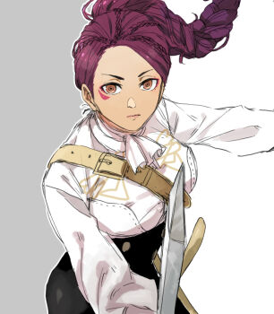 1girl 91007 braid braided_ponytail breasts commentary_request dark-skinned_female dark_skin facial_mark facial_tattoo fire_emblem fire_emblem:_three_houses garreg_mach_monastery_uniform long_hair looking_at_viewer medium_breasts nintendo petra_macneary ponytail purple_hair solo tattoo