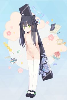 1girl 9ml aged_down animal_ears arms_behind_back black_hair blue_archive breasts cake candy cleft_of_venus emoji flower food full_body green_eyes hair_ornament halo highres ice_cream loli looking_at_viewer mary_janes mingmao18 navel nipples nude_filter pink_flower pussy shoes shun_(blue_archive) shun_(small)_(blue_archive) small_breasts smile solo standing thighhighs third-party_edit uncensored white_thighhighs