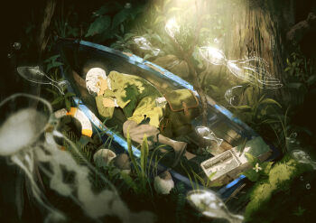 1boy absurdres bag boat brown_bag brown_coat brown_pants brown_shoes bubble closed_eyes closed_mouth coat collared_shirt commentary_request crossed_bangs dappled_sunlight dark-skinned_male dark_skin drawing_(object) fern fish flower forest grass hand_on_own_face highres jellyfish jimini_shijimi lifebuoy light_particles log long_bangs long_sleeves lying male_focus moss nature notebook on_boat on_side original pants parchment plant ruins shadow shirt shoes short_hair sleeping solo squid sunlight swim_ring tree trench_coat watercraft white-haired_man_(jimini_shijimi) white_hair white_shirt wide_shot