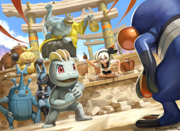 1girl abs arm_up bea_(pokemon) black_hairband blue_sky brick closed_eyes closed_mouth clothed_pokemon cloud commentary croagunk crossed_legs dark-skinned_female dark_skin day english_commentary extra_arms gen_1_pokemon gen_2_pokemon gen_3_pokemon gen_4_pokemon gong grey_eyes hairband hand_on_own_knee heracross highres holding index_finger_raised lucario machamp machamp_(adept) machop makuhita mcgmark mismatched_eyebrows muscular nintendo nostrils open_mouth outdoors pectorals pokemon pokemon_(creature) pokemon_swsh pokemon_unite red_eyes shirt short_hair short_sleeves signature sitting sky smile standing vase white_hair white_shirt