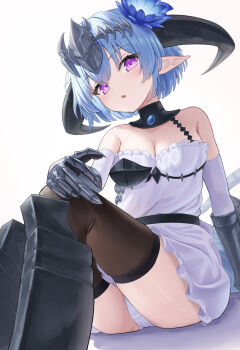 1girl armored_boots asakura_(asa_t77) black_thighhighs blue_hair boots breasts cleavage collarbone commentary_request dragon_girl dragon_horns dragon_tail dress elbow_gloves feet_out_of_frame filene_(shadowverse) gauntlets gloves hair_between_eyes hair_ornament headpiece highres horns medium_breasts open_mouth panties pantyshot pointy_ears purple_eyes shadowverse simple_background solo strapless strapless_dress tail thigh_focus thighhighs thighs underwear white_background white_gloves white_theme