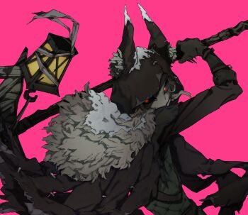 1boy absurdres animal_ear_fluff animal_hood black_coat black_gloves black_sclera blonde_hair chantugokun claws coat colored_sclera dynamic_pose fur-trimmed_coat fur_trim gloves highres holding holding_weapon hood identity_v ithaqua_(identity_v) lantern looking_back male_focus mask pink_background red_eyes short_twintails solo twintails upper_body weapon