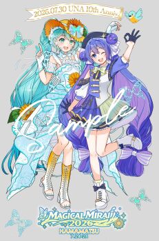 Rule 34 | 2girls, ahoge, aqua eyes, aqua hair, aqua nails, black gloves, blush, boots, bow, bow (music), brown hat, commentary request, cowboy shot, double-parted bangs, dress, fingerless gloves, fingernails, flower, full body, gloves, grey background, hair between eyes, hat, hat bow, hat flower, hat ornament, hatsune miku, highres, leaf hat ornament, long hair, looking at viewer, magical mirai (vocaloid), magical mirai miku, magical mirai miku (2026), mofmama, multiple girls, musical note ornament, nail polish, one eye closed, open mouth, otomachi una, purple dress, purple hair, sample watermark, shirt, sleeveless, sleeveless dress, solo, standing, standing on one leg, sunflower, toenail polish, toenails, twintails, very long hair, vocaloid, watermark, white boots, white bow, white dress, white gloves, white shirt, yellow eyes, yellow flower