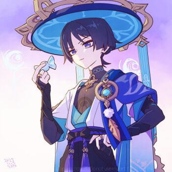 1boy anemo_symbol_(genshin_impact) animal_print apollo_hotori armor belt bird_print black_belt black_bodysuit black_bow black_bridal_gauntlets black_hair black_shorts blue_cape blue_gemstone blue_hat blue_kimono blue_sleeves blunt_ends bodysuit bow bridal_gauntlets candy cape closed_mouth clothing_cutout commentary covered_collarbone dated expressionless eyeliner eyeshadow feathers food furisode gem genshin_impact gold gold_ring grey_pupils hand_on_own_hip hand_up hat hip_vent holding holding_candy holding_food japanese_armor japanese_clothes jingasa juban kimono kote kurokote layered_sleeves looking_at_food makeup male_focus mandarin_collar middle_ring open_clothes open_kimono outdoors pom_pom_(clothes) purple_eyes purple_rope purple_sash purple_sky raised_eyebrow red_eyeliner red_eyeshadow rope sash scaramouche_(genshin_impact) scene_reference short_sleeves shorts shoulder_peek sky solo symbol-only_commentary tassel tsurime twitter_username upper_body wanderer_(genshin_impact) watermark white_kimono white_sleeves white_trim wispy_bangs yellow_feathers