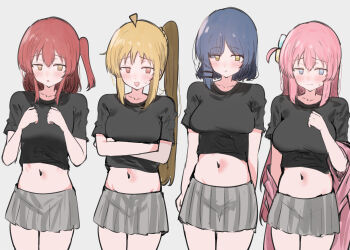 4girls :| absurdres ahoge black_shirt blonde_hair blue_eyes blue_hair blush bocchi_the_rock! breasts closed_mouth commentary_request cowboy_shot cube_hair_ornament gotoh_hitori grey_background hair_between_eyes hair_ornament highres ijichi_nijika jacket kita_ikuyo long_hair looking_at_viewer midriff mole mole_under_eye multiple_girls navel nervous_smile one_side_up open_clothes open_jacket open_mouth parted_lips pink_hair pink_jacket red_eyes red_hair shirt short_sleeves side-by-side simple_background skirt smile standing sunya_(honorin-yuunibo) sweatdrop track_jacket yamada_ryo yellow_eyes