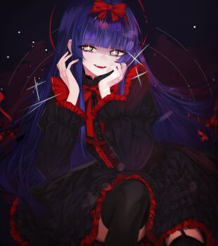 1girl absurdres black_dress black_souls black_souls_2 black_thighhighs blue_hair blunt_bangs bow dress frilled_dress frilled_sleeves frills garter_straps gothic_lolita hair_bow halo highres hime_cut lolita_fashion long_hair long_sleeves looking_at_viewer mabel_(black_souls) open_mouth puffy_long_sleeves puffy_sleeves red_bow red_halo ripples smile solo taigaphan thighhighs very_long_hair