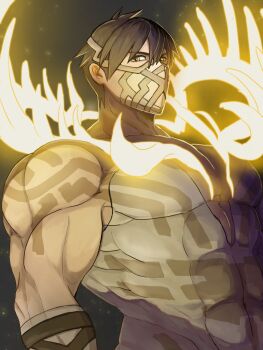 1boy aonagimay bara biceps brown_hair covered_abs eikthyrnir_(fire_emblem) fire_emblem fire_emblem_heroes glowing_horns highres horns looking_at_viewer male_focus masked muscular muscular_male nintendo pectoral_cleavage pectorals yellow_eyes