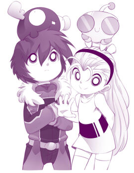 1boy 1girl 2others bell_(ppgd) black_bodysuit black_eyes black_hair black_hairband bleedman bodysuit commentary cowboy_shot crossed_arms dress english_commentary fur_trim gir_(dog_costume)_(invader_zim) gir_(invader_zim) grey_eyes greyscale hairband invader_zim long_bangs long_hair looking_at_viewer looking_up mini_moose monochrome multiple_others powerpuff_girls powerpuff_girls_doujinshi short_dress short_hair side-by-side sitting sitting_on_person sleeveless smile standing thighhighs very_long_hair waving white_background white_dress white_hair white_thighhighs