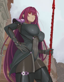 1girl absurdres bodysuit breasts commentary english_commentary fate/grand_order fate_(series) gae_bolg_(fate) highres holding holding_polearm holding_weapon large_breasts long_hair looking_at_viewer polearm purple_hair quatthro red_eyes scathach_(fate) scathach_(lancer)_(fate) solo spear very_long_hair weapon