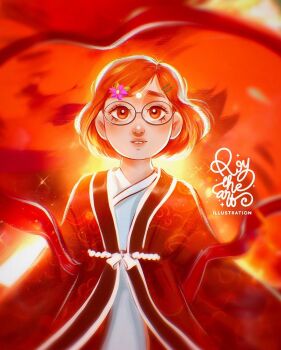 1girl animal_ears animification brown_eyes commentary earrings english_commentary glasses highres japanese_clothes jewelry looking_at_viewer meilin_lee meilin_lee_(red_panda) open_mouth panda_tail red_hair red_panda red_panda_ears red_panda_girl red_panda_tail roytheart short_hair turning_red