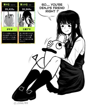 1girl absurdres black_hair black_necktie chainsaw chainsaw_man collared_shirt creature dress fourth_east_high_school_uniform handle hashtag-only_commentary highres long_hair mitaka_asa monochrome necktie osulan pet pinafore_dress pochita_(chainsaw_man) pull_cord school_uniform shirt simple_background sleeveless sleeveless_dress white_shirt