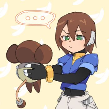 ... 1girl aile_(mega_man_zx) black_bodysuit blue_jacket bodysuit bodysuit_under_clothes brown_hair cropped_jacket crossover data_(mega_man) ghosty_entity green_eyes holding in-franchise_crossover jacket looking_at_another mega_man_(series) mega_man_legends_(series) mega_man_zx monkey non-humanoid_robot robot robot_animal robot_ears short_hair shorts speech_bubble white_shorts