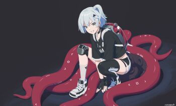 1girl backpack bag black_gloves cephalopod_eyes choker collarbone commentary crop_top english_commentary gloves grey_hair highres looking_at_viewer mechanical_legs medium_hair monster_girl muranomiro octopus open_mouth original scylla shoes shorts side_ponytail sneakers solo squatting tentacles