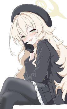 :d black_coat black_gloves black_hat black_pantyhose blonde_hair blue_archive blush coat facing_to_the_side frilled_skirt frills gloves green_eyes halo hands_on_own_face hat highres kamitosayu long_hair looking_at_viewer open_mouth pantyhose professor_niyaniya_(blue_archive) side_ahoge simple_background sitting skirt smile white_background yellow_halo