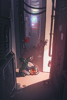 Rule 34 | alley, apple, condenser unit, eating, food, fruit, gen 5 pokemon, highres, holding, holding food, holding fruit, industrial pipe, light rays, nintendo, no humans, outdoors, petite echorizon, pokemon, pokemon (creature), power lines, sitting, solo, trash, trash bag, trubbish, vending machine