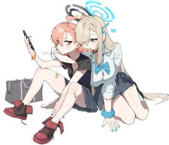 2girls ahoge asuna_(blue_archive) asuna_(school_uniform)_(blue_archive) bandaid biting_another&#039;s_hair black_halo blonde_hair blue_archive blue_halo bow bowtie braid breasts cellphone hair_over_one_eye hair_ribbon halo highres jjigong_chigon large_breasts long_hair mole mole_under_eye multiple_girls neru_(blue_archive) neru_(school_uniform)_(blue_archive) orange_hair phone pleated_skirt red_eyes ribbon school_uniform scrunchie shirt shoes short_sleeves single_braid sitting skirt smartphone sneakers very_long_hair white_shirt