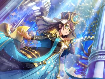 1girl black_dress black_hat breasts dress dutch_angle game_cg gears glasses green_eyes hair_down hand_on_own_chest hat hoshimi_junna jewelry long_hair long_sleeves looking_at_viewer medium_breasts official_art outstretched_arm parted_lips pillar purple_hair shoujo_kageki_revue_starlight shoujo_kageki_revue_starlight_-re_live- sidelocks solo standing tarot the_high_priestess_(tarot) upper_body v-shaped_eyebrows