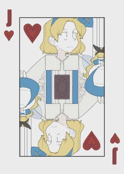 1girl alice_(alice_in_wonderland) alice&#039;s_adventures_in_wonderland alice_margatroid alice_margatroid_(pc-98) black_headwear blonde_hair blue_hairband blue_headwear bolos bow card dress hair_bow hair_ornament hair_ribbon hairband heart jack_(playing_card) jack_of_hearts long_hair marionette playing_card puppet puppet_strings ribbon shirt short_hair suspenders touhou touhou_(pc-98) wings