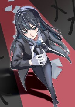 1girl absurdres ado_(utaite) black_coat black_hair black_pants blue_eyes blue_hair chando_(ado) coat colored_inner_hair commentary gloves hashtag-only_commentary highres holding holding_microphone long_hair microphone mole mole_under_eye multicolored_hair open_clothes open_coat open_mouth pants shirt solo tsukuno_tsuki utaite white_gloves white_shirt