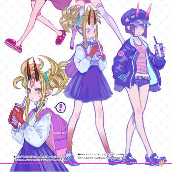 Rule 34 | 2girls, backpack, bag, black hat, black jacket, black shorts, black skirt, blonde hair, breasts, bubble tea, newsboy cap, choker, contemporary, cup, double bun, eyeliner, facial mark, fate/grand order, fate (series), forehead, forehead mark, full body, hair bun, hair pulled back, hat, honjou raita, horns, ibaraki douji (fate), jacket, long hair, long sleeves, looking at viewer, makeup, micro shorts, multiple girls, multiple views, oni, pink tank top, pointy ears, purple eyes, purple hair, shirt, shoes, short hair, shorts, shuten douji (fate), skin-covered horns, skirt, small breasts, smile, sneakers, striped tank top, tank top, tattoo, white shirt, yellow eyes