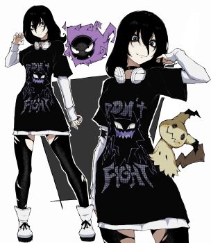 1girl absurdres black_pantyhose black_shirt character_print cowboy_shot full_body gastly gen_1_pokemon gen_7_pokemon grey_eyes greyscale hair_between_eyes haunter headphones headphones_around_neck hex_maniac_(pokemon) hex_maniac_(pokemon_legends:_z-a) highres kekel looking_at_viewer mimikyu monochrome multiple_views nintendo oversized_clothes oversized_shirt pantyhose pokemon pokemon_(creature) pokemon_legends:_z-a shirt simple_background sleeves_past_wrists smile standing text_print torn_clothes torn_pantyhose white_background white_shirt