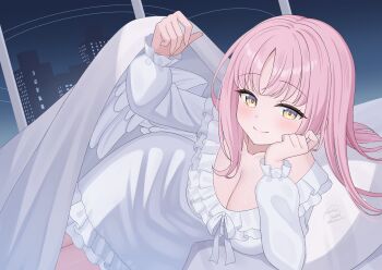 1girl angel_wings bed_invitation blue_archive blush breasts building cleavage closed_mouth collarbone commentary_request feathered_wings hand_on_own_cheek hand_on_own_face highres indoors kurumi_lm large_breasts looking_at_viewer low_wings mika_(blue_archive) night pajamas pink_hair shared_bed sleeping_together sleepwear smile solo white_pajamas white_wings wings yellow_eyes