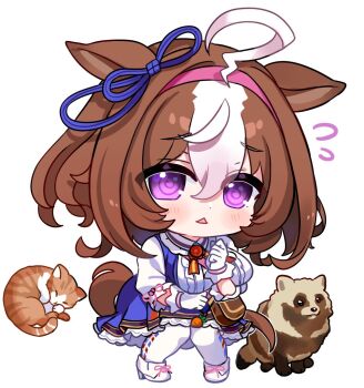 1girl ahoge animal_ears bag between_breasts blue_dress blush bow breasts brown_hair cat chibi chocola_vt closed_eyes closed_mouth curled_tail double-parted_bangs dress ear_ribbon gloves hair_between_eyes hairband headband horse_ears horse_girl horse_tail large_breasts long_sleeves looking_at_viewer medium_hair meisho_doto_(turbulent_blue)_(umamusume) meisho_doto_(umamusume) meto_(cat) multicolored_hair open_mouth pantyhose pink_hairband pink_headband purple_eyes short_hair shoulder_bag simple_background strap_between_breasts tail tanuki two-tone_hair umamusume white_background white_dress white_gloves white_hair white_pantyhose