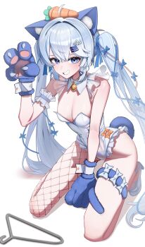 1girl absurdres ahoge animal_costume animal_ears animal_hands asymmetrical_legwear bare_shoulders bell blue_eyes blush breasts carrot cat_costume cat_ears cat_paws cat_tail claw_pose cleavage commentary_request dress fake_animal_ears fake_tail fishnet_pantyhose fishnets frilled_dress frills gosegu hair_ornament hair_ribbon hairclip halter_dress halterneck highres jingle_bell kittysuit kneeling korean_commentary long_hair looking_at_viewer medium_breasts nontraditional_playboy_bunny pantyhose parallel_hairclips ribbon shin_dohan shoes smile sweatdrop tail tail_around_own_leg twintails uneven_legwear very_long_hair virtual_youtuber waktaverse white_background white_dress white_hair white_shoes