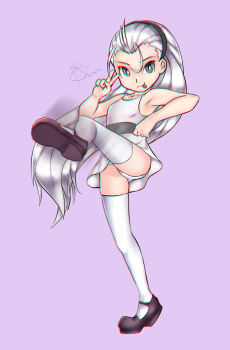 1girl ar_jart bell_(ppgd) black_hairband black_shoes commentary dress dress_shoes english_commentary grey_eyes hairband highres kicking leg_up long_bangs long_hair looking_at_viewer panties powerpuff_girls powerpuff_girls_doujinshi purple_background shoes short_dress signature sleeveless thighhighs tongue tongue_out underwear v very_long_hair white_dress white_hair white_panties white_thighhighs
