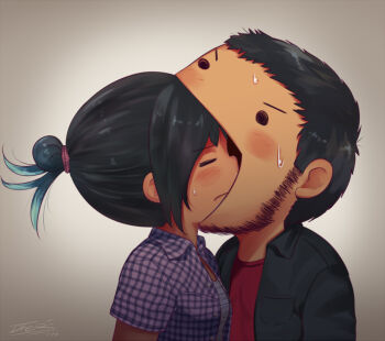 >:d ._. 10s 1boy 1girl 2014 :d artist_name artist_self-insert beard black_hair blush closed_eyes couple dated eating facial_hair grey_background hair_bun idfer jacket no_nose open_clothes open_jacket open_mouth original pac-man shirt signature simple_background smile sweat sweatdrop t-shirt what you're_doing_it_wrong