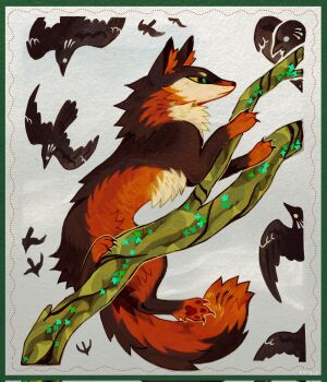 Rule 34 | animal, animal focus, bird, black eyes, border, branch, brown fur, claws, climbing, colored sclera, commentary, corrupted twitter file, coyote, english commentary, full body, green border, green pupils, green sclera, grey background, highres, kitty (fernwhisker), no humans, original, pawpads, signature, simple background, solo focus