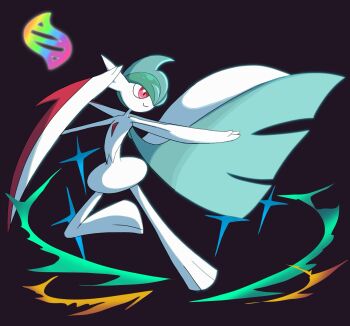 1boy arm_blade arm_up blue_hair closed_mouth colored_skin full_body gallade gen_4_pokemon green_hair hair_over_one_eye hand_up happy highres leg_up looking_afar male_focus mega_evolution mega_evolution_symbol mega_gallade mega_pokemon mohawk monya multicolored_hair nintendo one_eye_covered outstretched_arm pokemon pokemon_(creature) purple_background red_eyes short_hair smile solo standing standing_on_one_leg two-tone_hair weapon white_skin